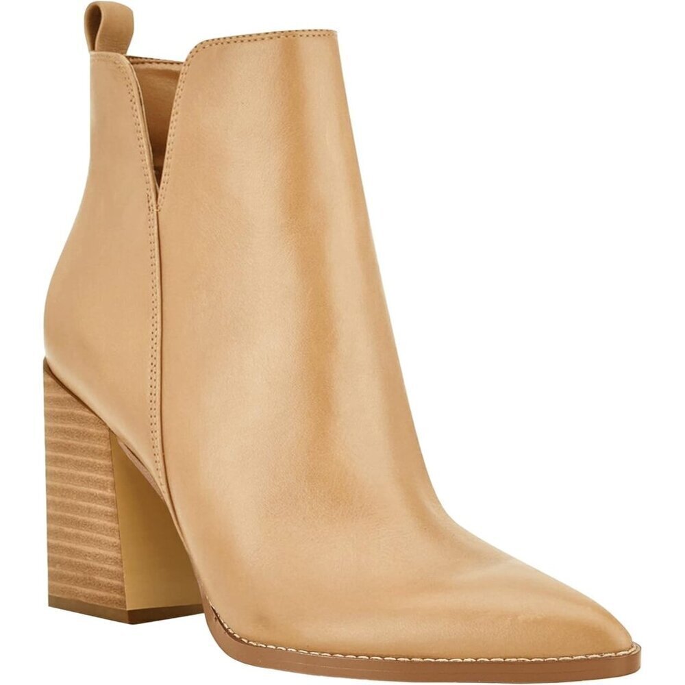 Women's Khaki V Cut Ankle Pointed Toe Stacked Chunky Heel Side Zipper Booties